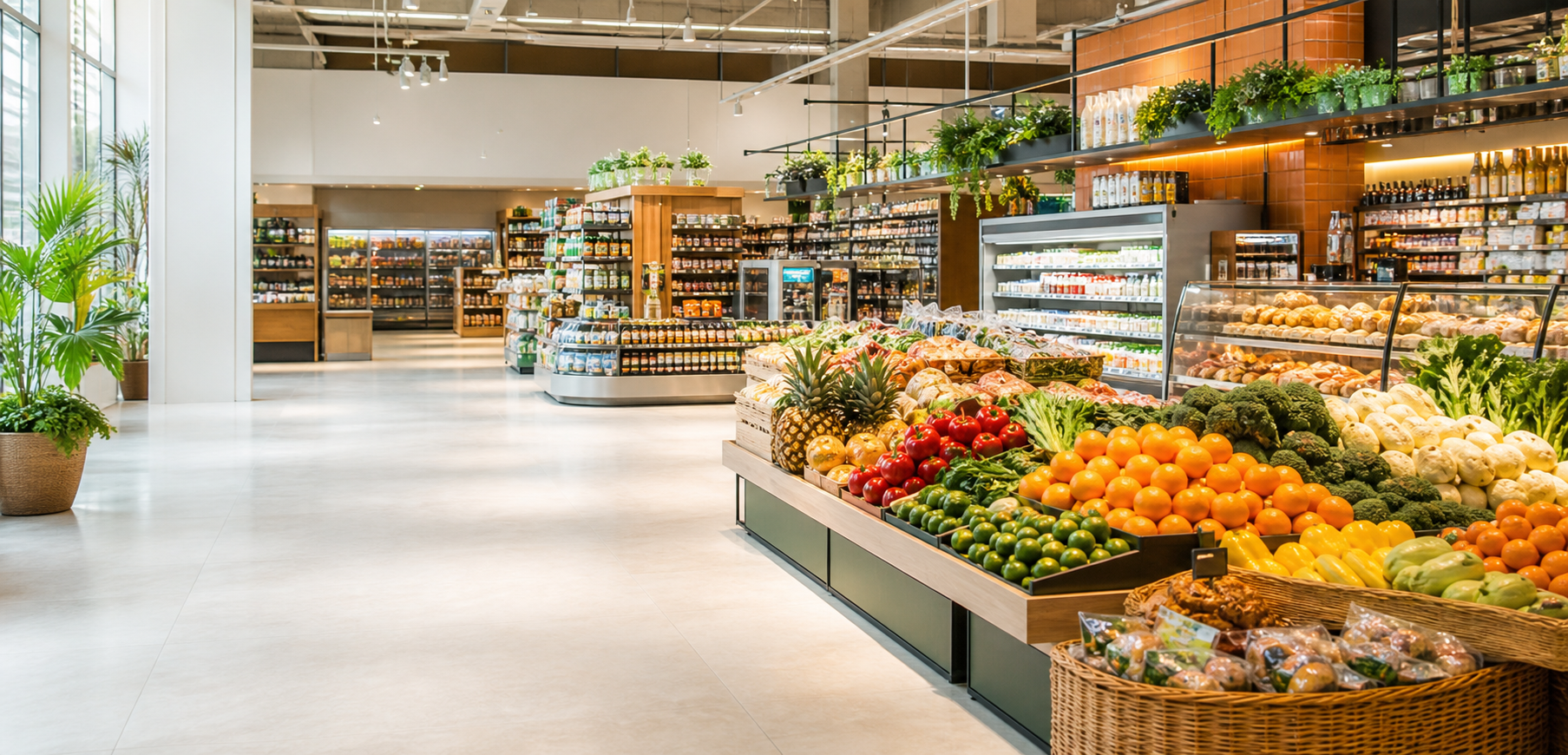 Modern supermarket interior with fresh grocery displays
